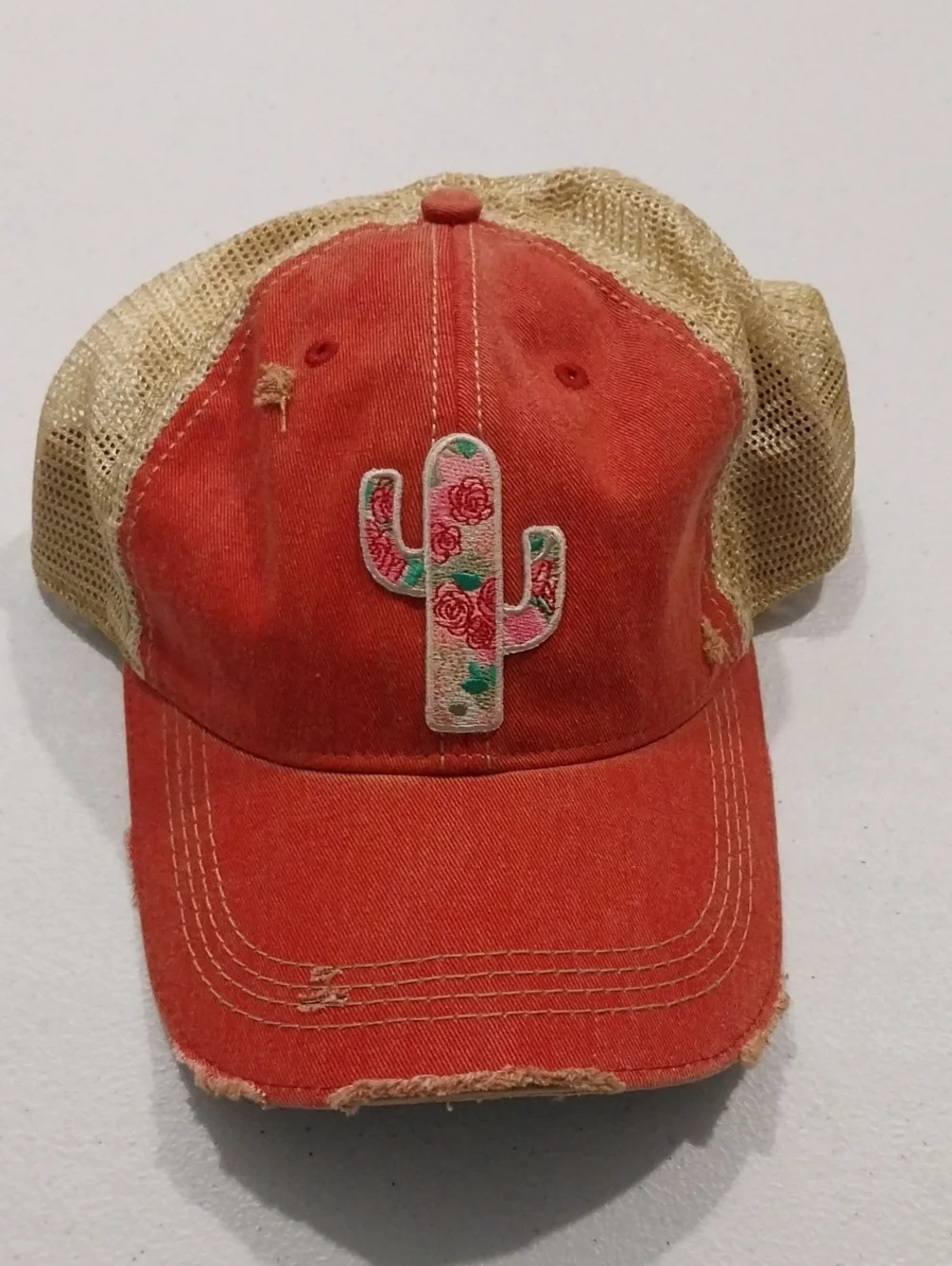 Distressed Red Cap with Floral Cactus Patch NWOT